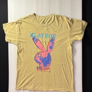 PLAYBOY Mustard Short Sleeve Tee with Bunny Graphic.  Andy Warhol Size M